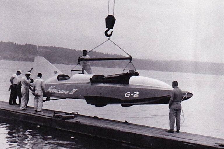 1951 Hurricane IV on crane Seattle